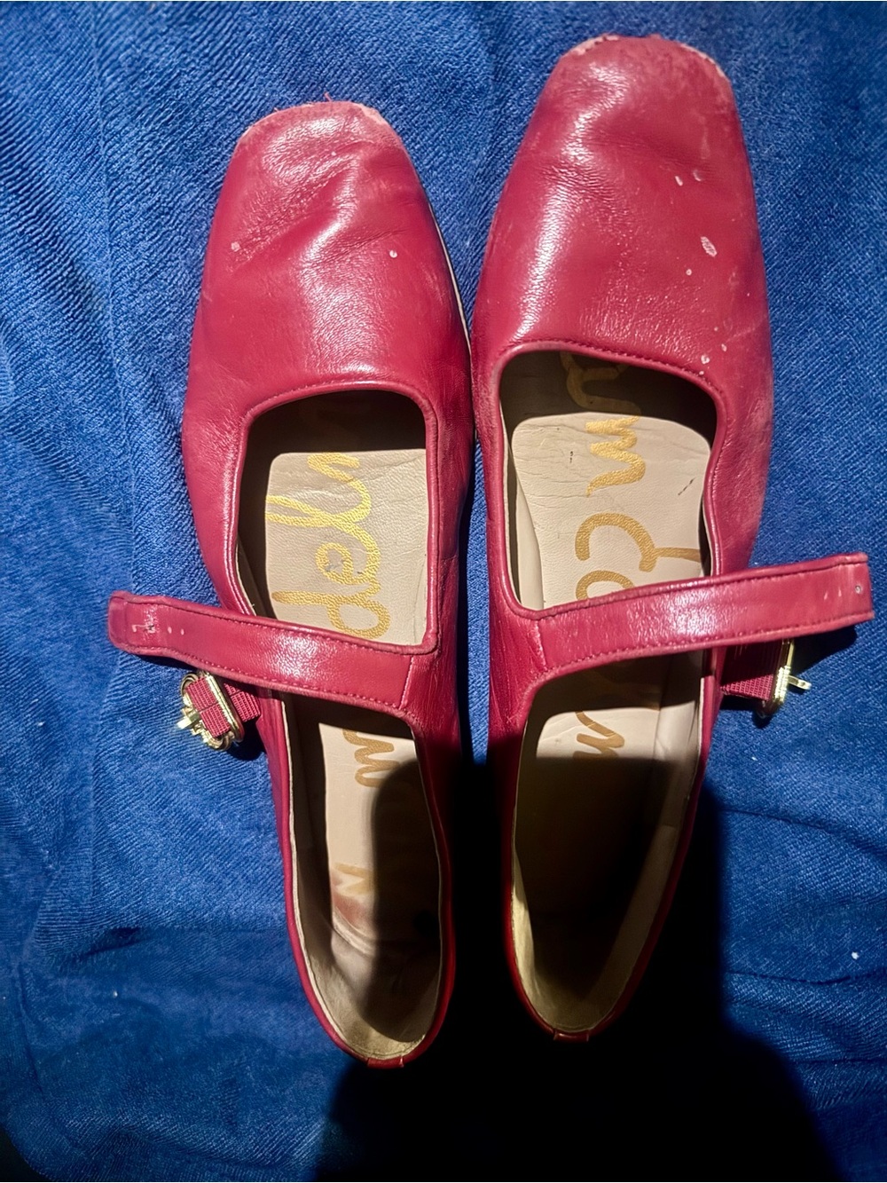 Sam Edelman Red Leather Mary Jane Flats with Gold Buckle